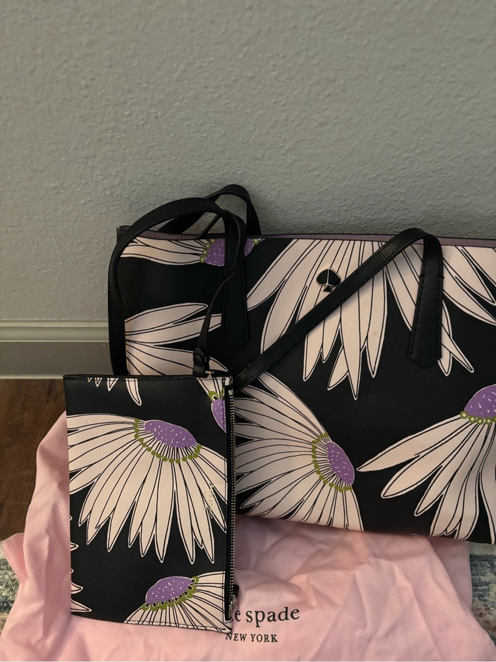 kate spade Black Floral Tote with Wristlet - Pink & Purple Daisy Print
